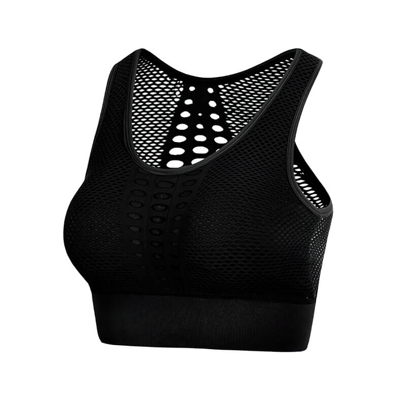Sexy mesh breathable black seamless sports bra for girls with three-quarter cup and secure fit, model SF1069, front view.